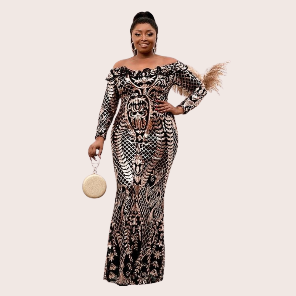 Elegant Plus Size Sequin Evening Gown – Long Sleeve Party Dress